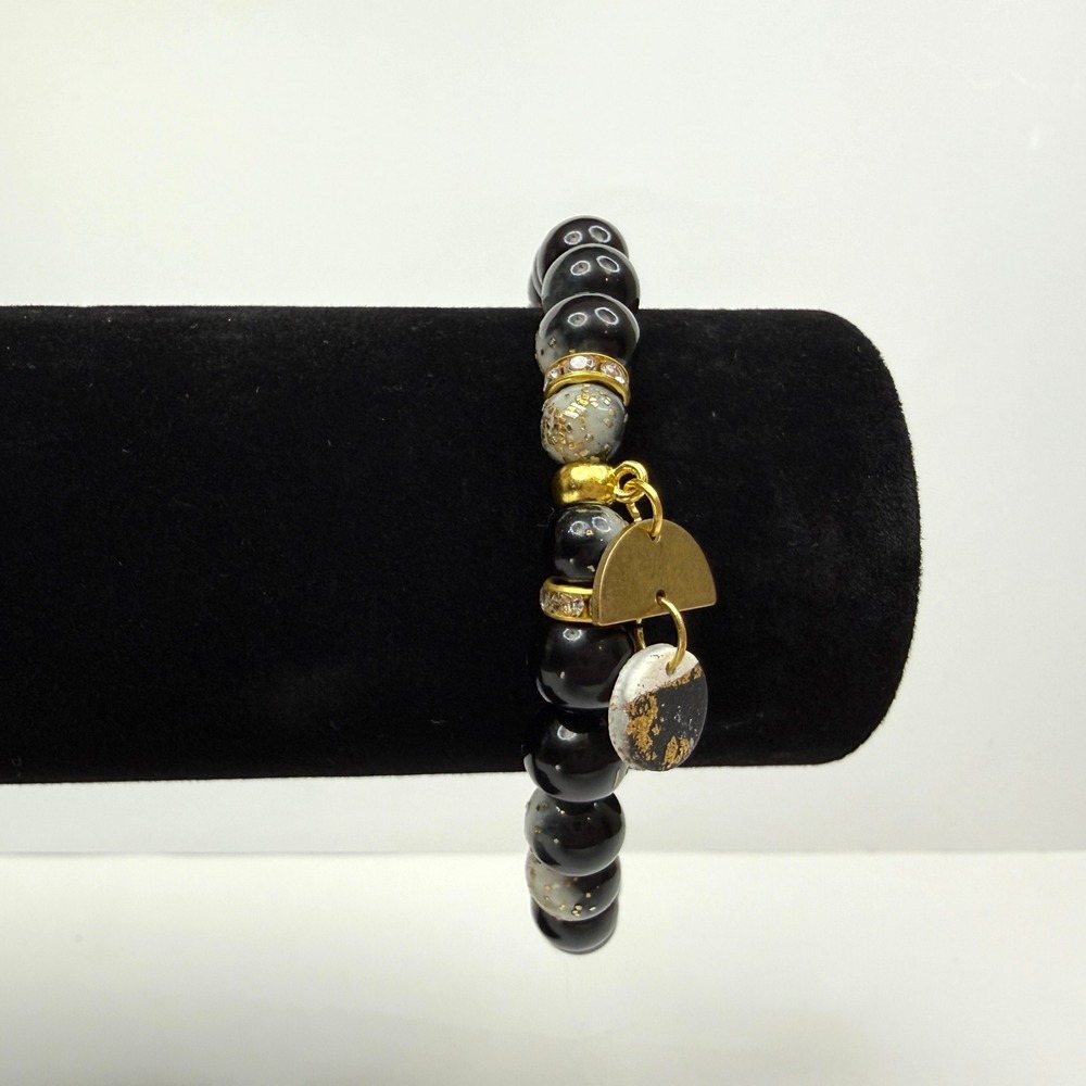 Black & Gold Acrylic Beaded Charms Bracelet Stretch Band Statement Jewelry 7.25